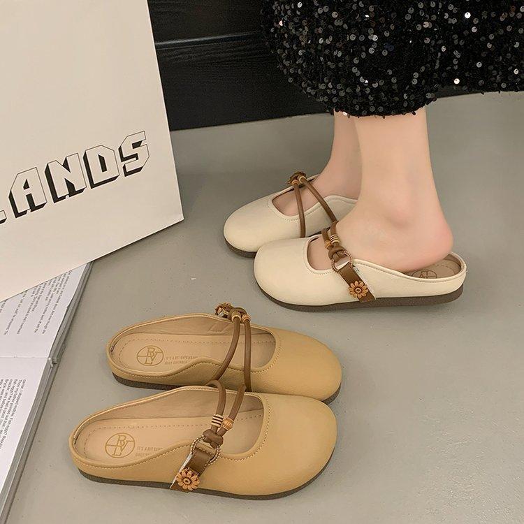 Flat-bottomed bag head single shoes women's summer outer wear 2025 new lazy one-pedal Mary Jane single shoes soft-soled half slippers