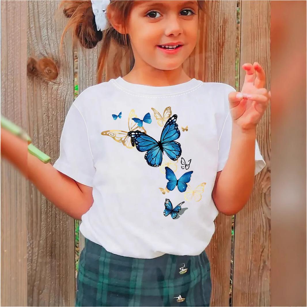Girls  Casual Dreamy Blue Butterfly Pattern T-shirt for Summer, Children s Fashionable Short-sleeved T-shirt 1-2Y белый