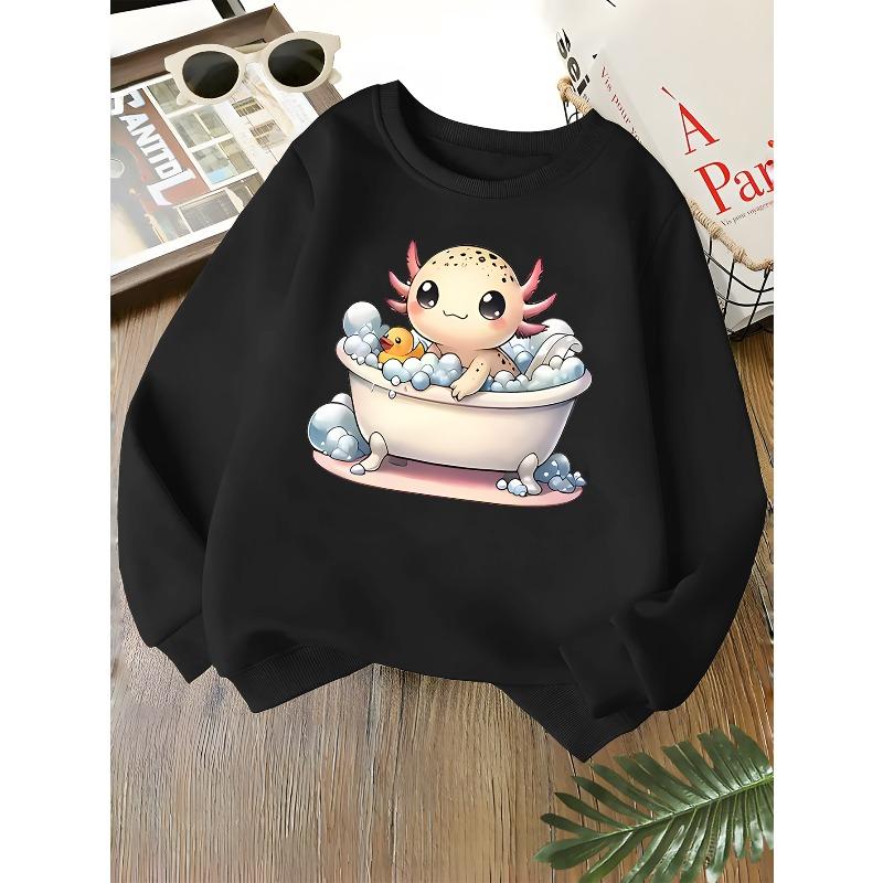 Kids Unisex Pink Crewneck Sweatshirt, Cute Axolotl Bathing With Rubber Duck And Bubbles Cartoon Print, Sweatshirt for Boys Girls Over 4 Years Old 110