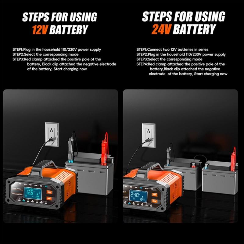 12V/24V Car Battery Charging Equipment with LCD Display Pulse Repair Intelligent Charging Device for Cars Trucks Boats