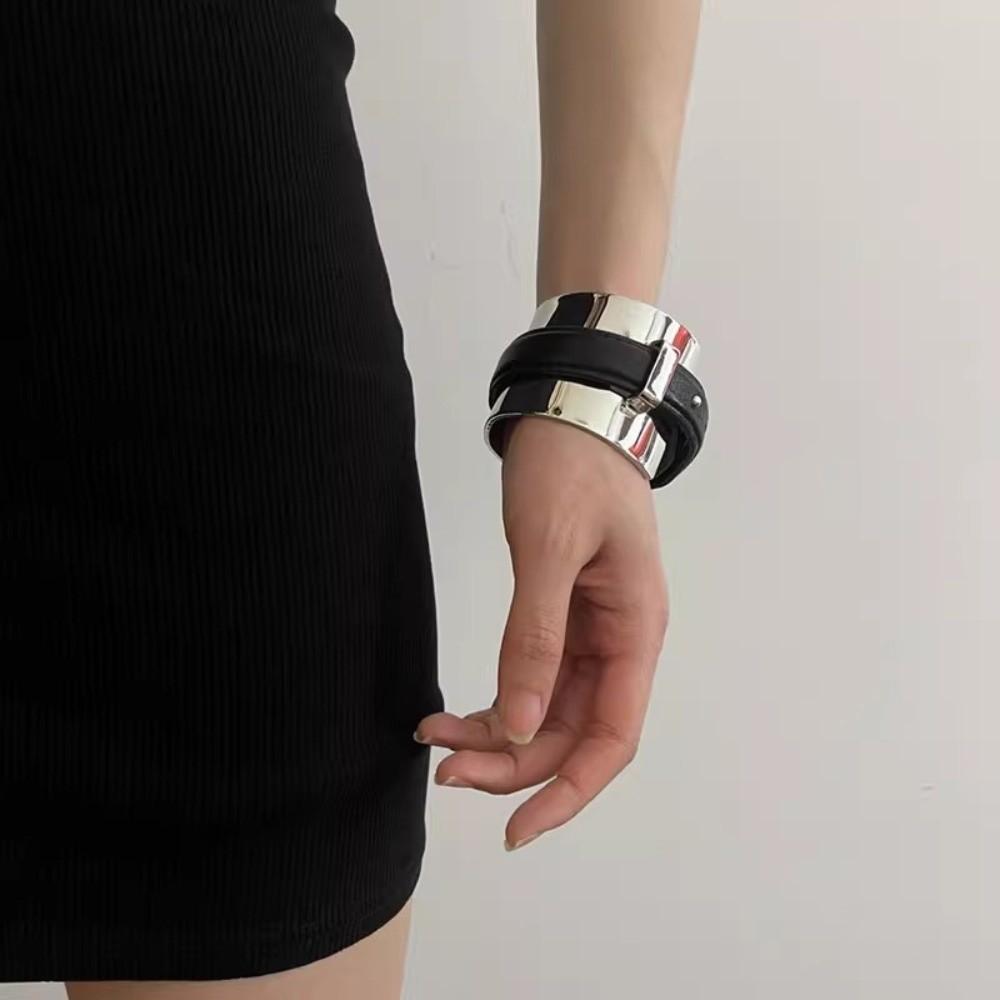 Golden Exaggerated Metal Bangle Armlet Women Open Bangle Belt Buckle Leather Bracelet Party