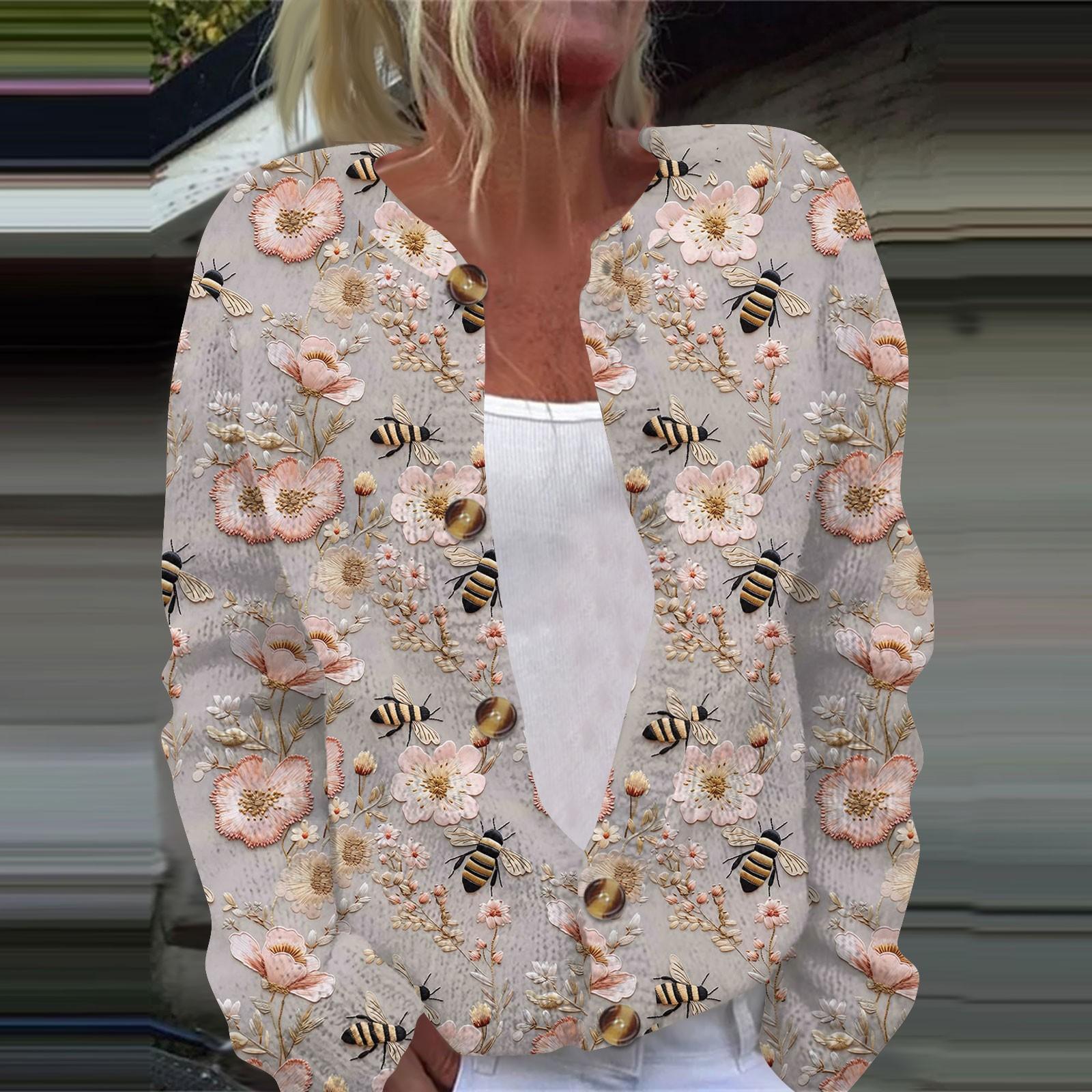 

Женская повседневная мода ретро цветочный принт длинный рукав кардиган куртка на пуговицах L хаки