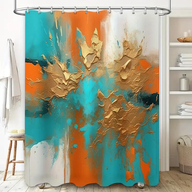 Artistic Shower Curtain Gold Orange Blue Abstract Design for Bathroom Decor Waterproof