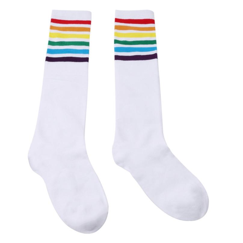 1Pair Girls Thigh High Socks Over Knee Rainbow Stripe Football Socks