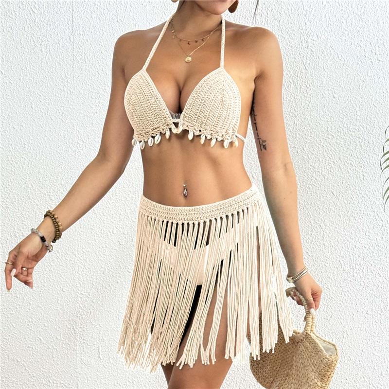 Womens Hand Crocheted Two Piece Bikini Set Shell Patchwork Tie Fringe Skirt Stylish Elegant Beachwear For Summer Vacation