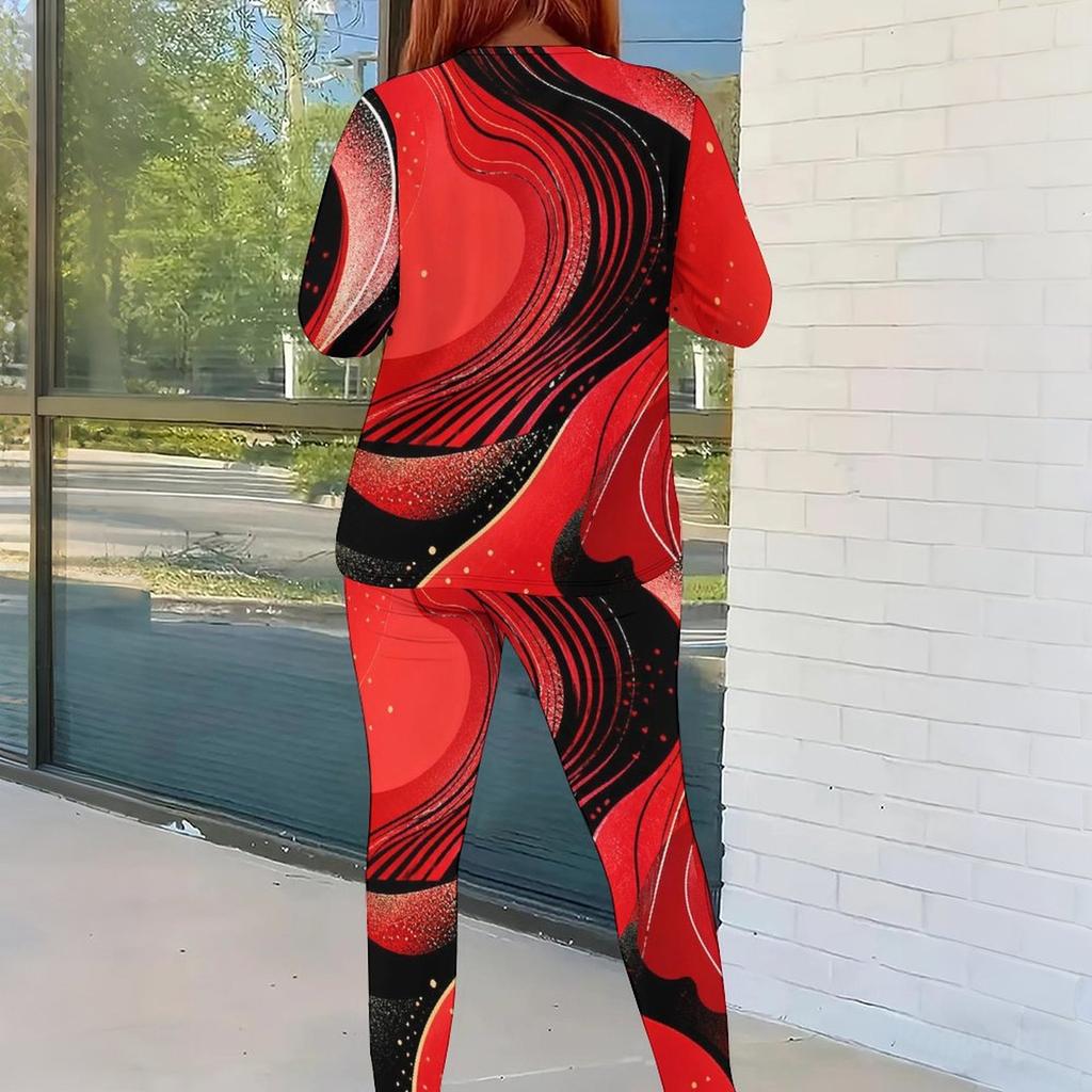 Women Plus Size Round Neck Long Sleeve Red Black Printed Fitted Pants Two Piece Set