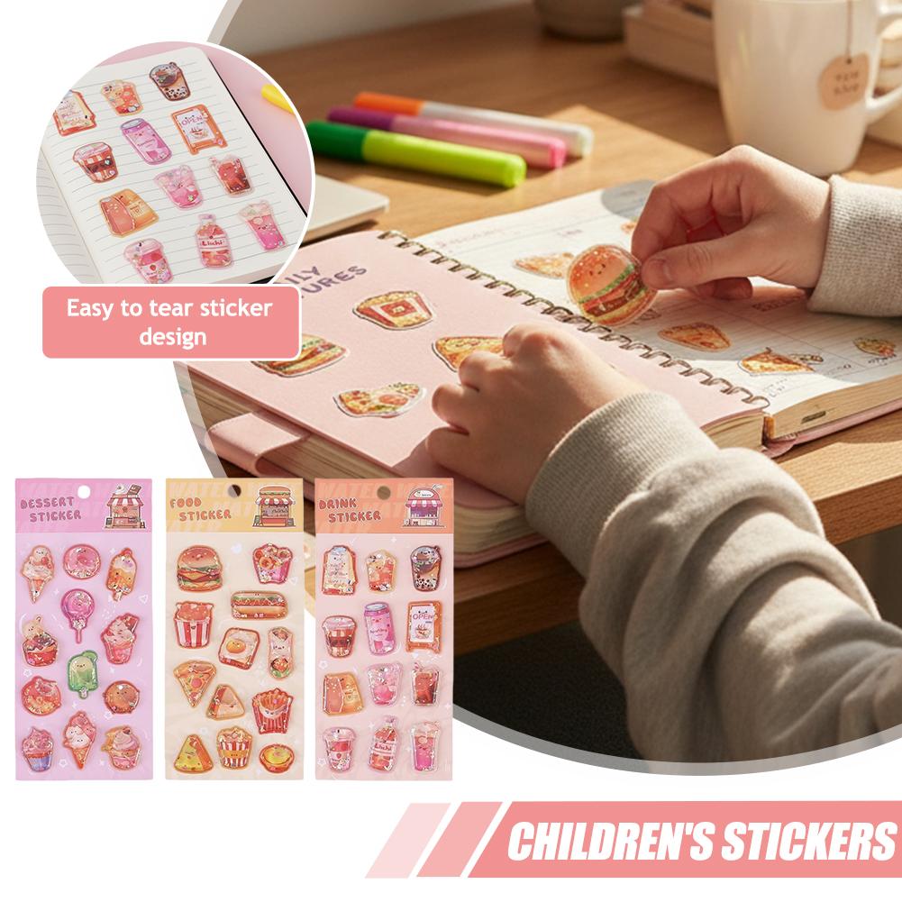 Adorable Assorted Decals 3D Embossed Crystal Children Stickers, Cartoon Mini Hamburger Ice Cream Milk Tea 3D Journal Stickers