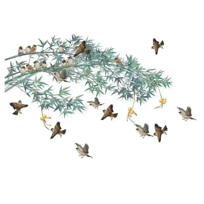 New Chinese Ink Painting Bamboo Birds Wall Stickers For Living Room Bedroom Sofa Background Decor Vinyl Wall Decals Home Decor