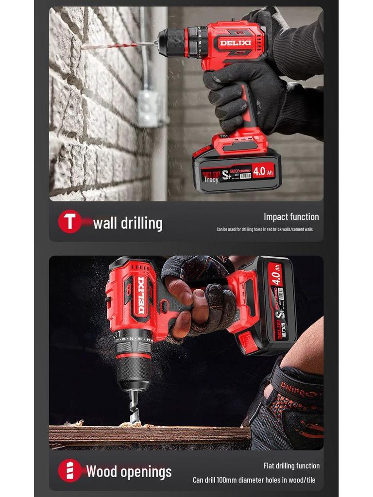 Delixi Brushless Lithium Electric Hand Drill - Pistol Grip for Household Wall Drilling and Impact Holes
