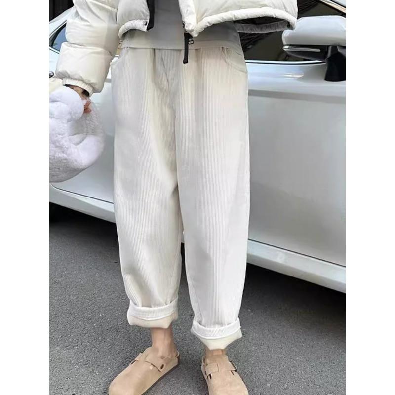 

Жіночі осінньо-зимові штани з вельвету преміум-класу в корейському стилі на плюші, теплі широкі штани-гарем L білий