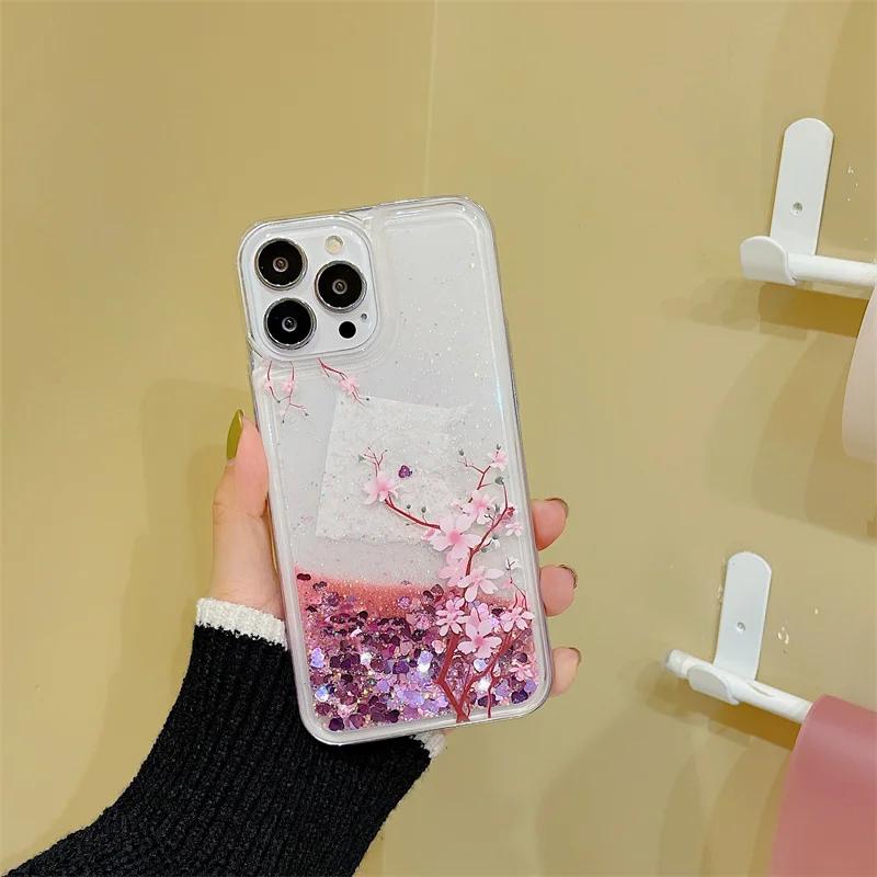 

Glitter Quicksand Peach Blossom Case for iPhone 15 14 13 Pro Max Para Fundas Soft Protective Gloss Arena Phone Covers Women Capa For iPhone 16