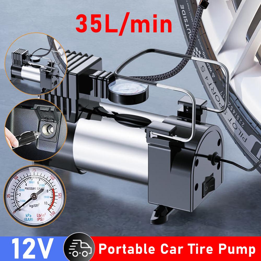 Portable Air Compressor with Pressure Gauge Car Tire Pump 12V Cylinder Power System Mini Air Compressor Car Tire Inflatable Pump