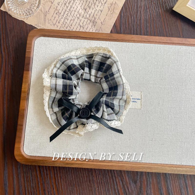 Korean College-Style Plaid Skirt Hair Tie with Contrasting Trim Bow