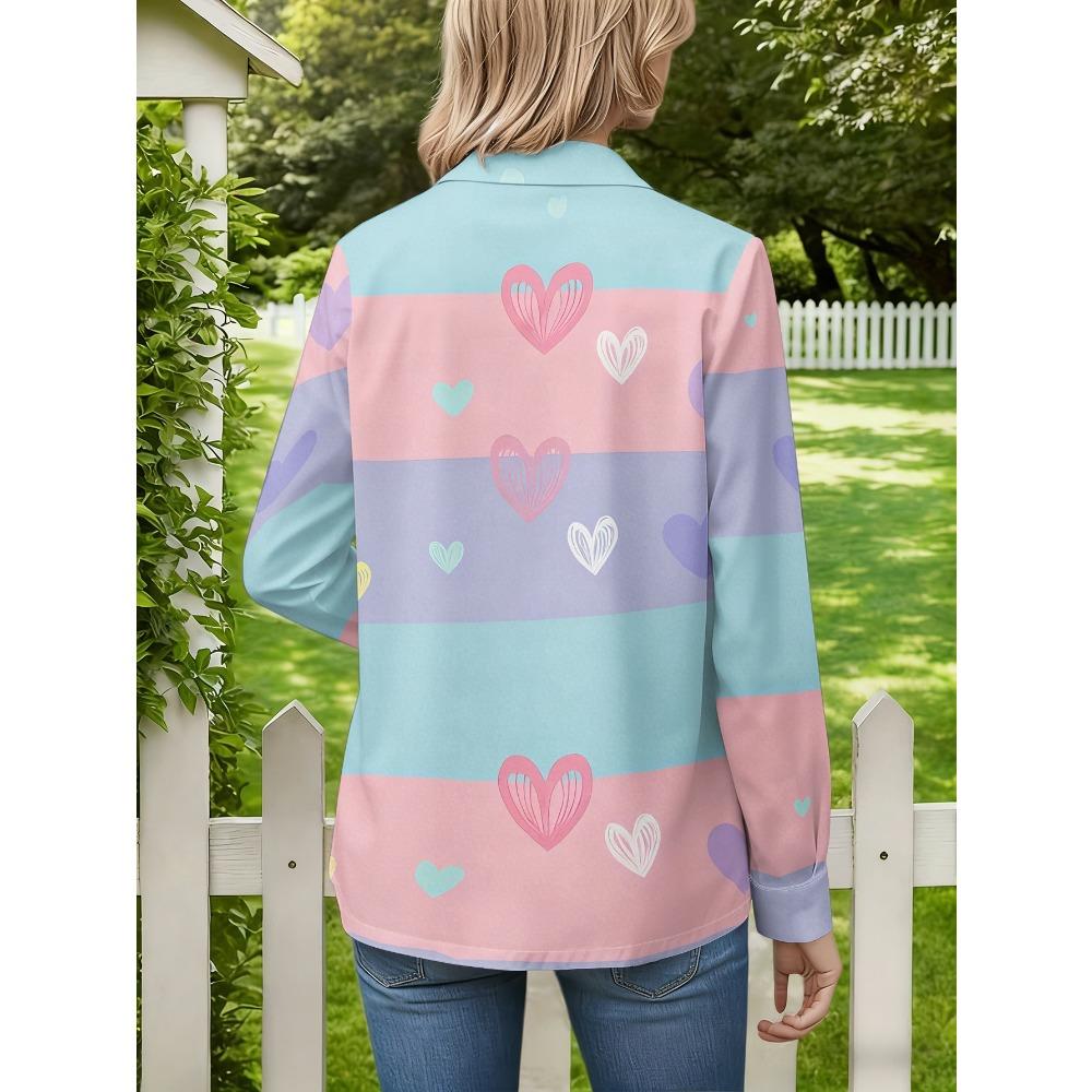 Women's Long-sleeved Shirt, Fresh Macaron Striped Love Print, Sweet Style Daily Casual Versatile Top