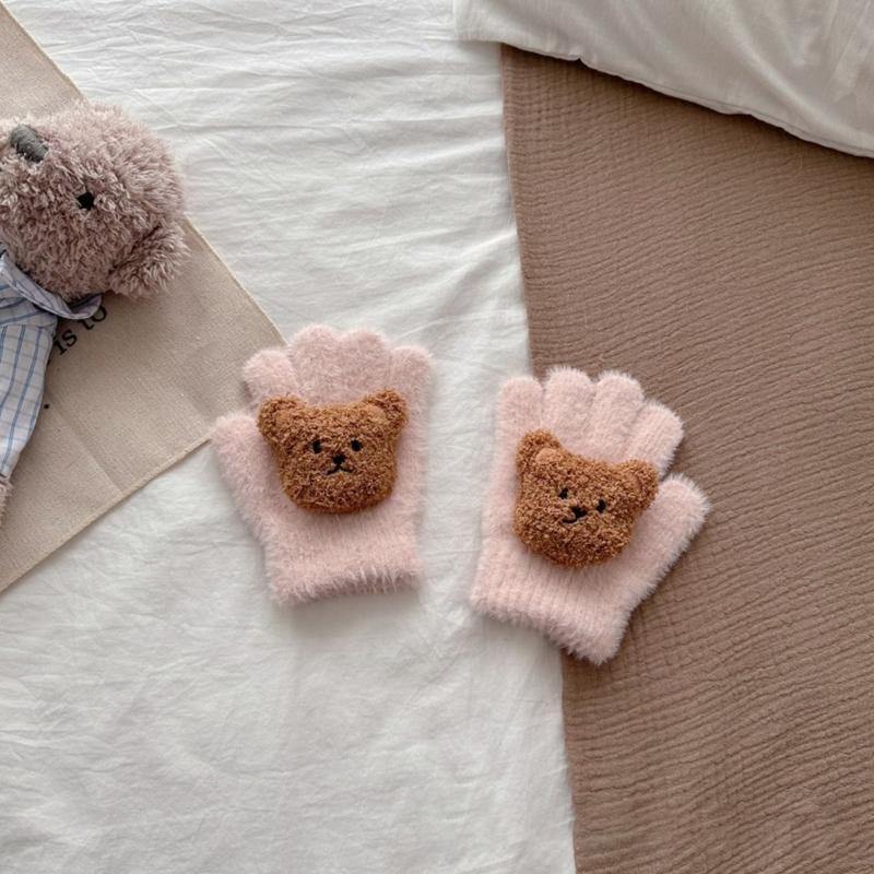 Stylish Fleece Baby Gloves Comfortable Winter Mittens with Lovely Bear Pattern Elastic Handwear Suiatble for Children