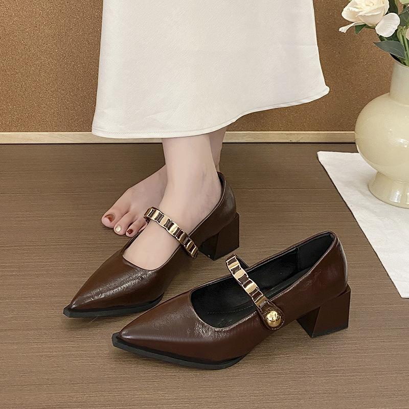 French temperament pointed high heels women's 2025 summer and autumn new one-word strap Mary Jane with skirt thick heel single shoes