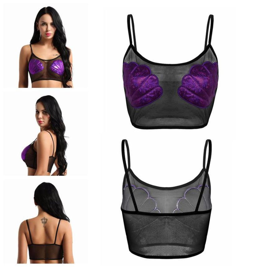 

Футболка в форме ракушки с русалкой, фестиваль Хэллоуина, женский топ на тонких бретельках, прозрачная сетка, укороченный жилет