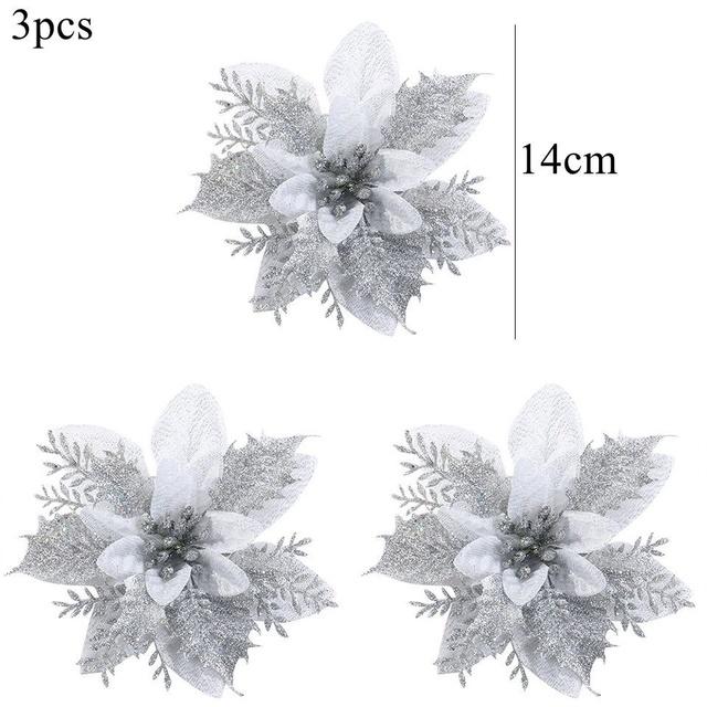 10/50pcs Artificial Glitter Christmas Flowers for Xmas Tree Ornament Fake Flower Floral New Year Party Home Decoratio