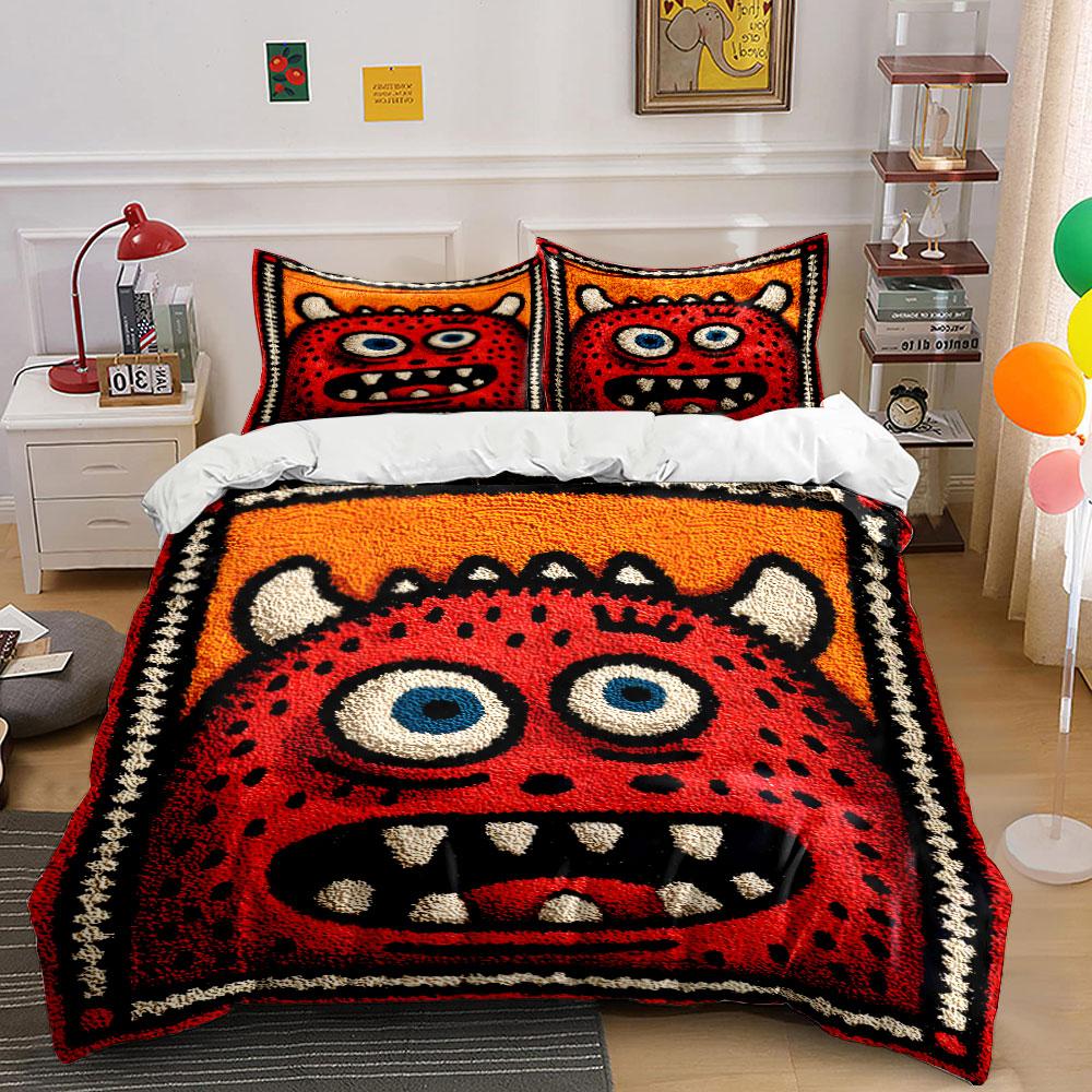 Red Monster Cartoon Design Bedding Duvet Cover Set (1*Duvet Cover 2*Pillowcases, without duvet insert)