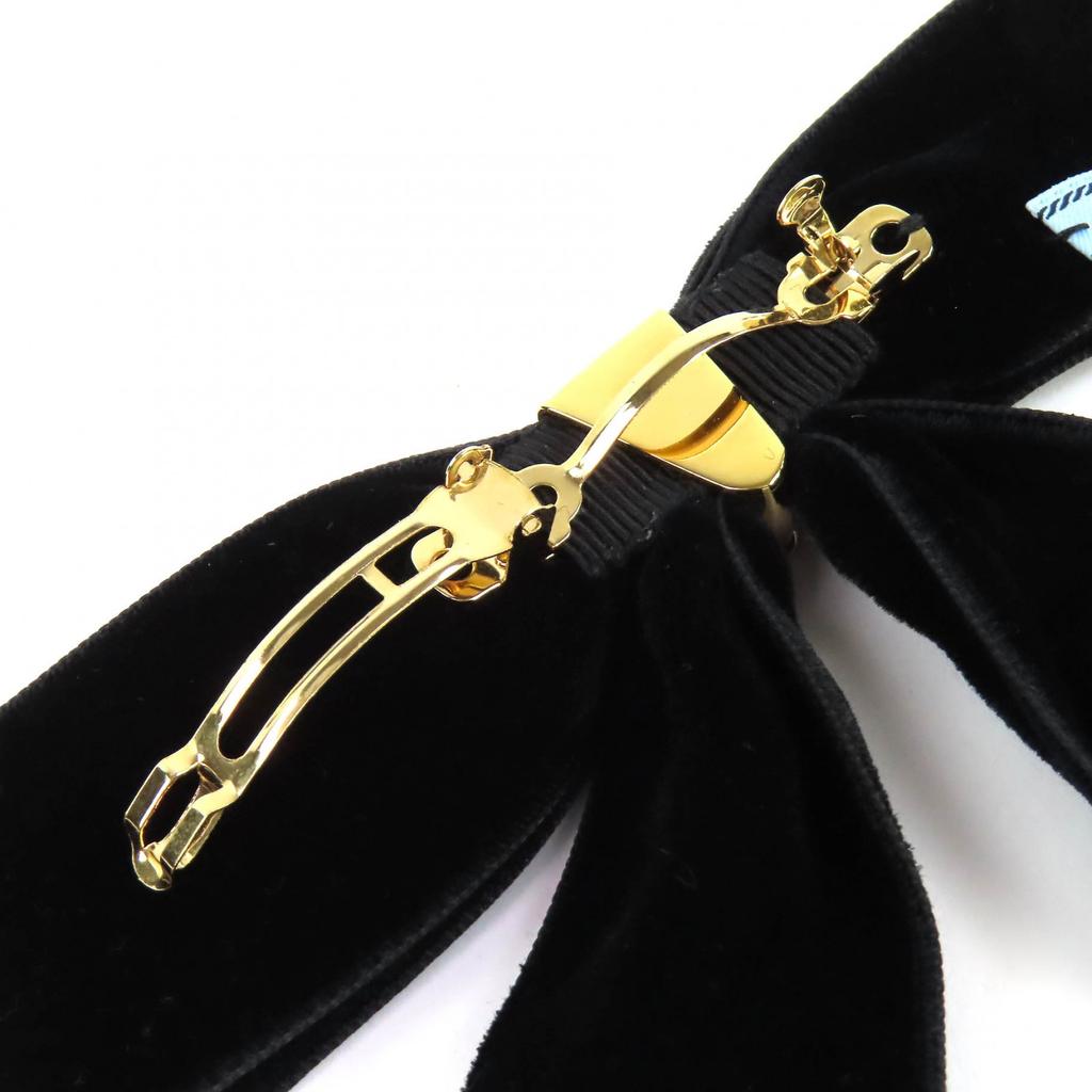 Great PRADA Triangle Logo Triangle Plate Velvet Ribbon Barrette black 1IF154 Used