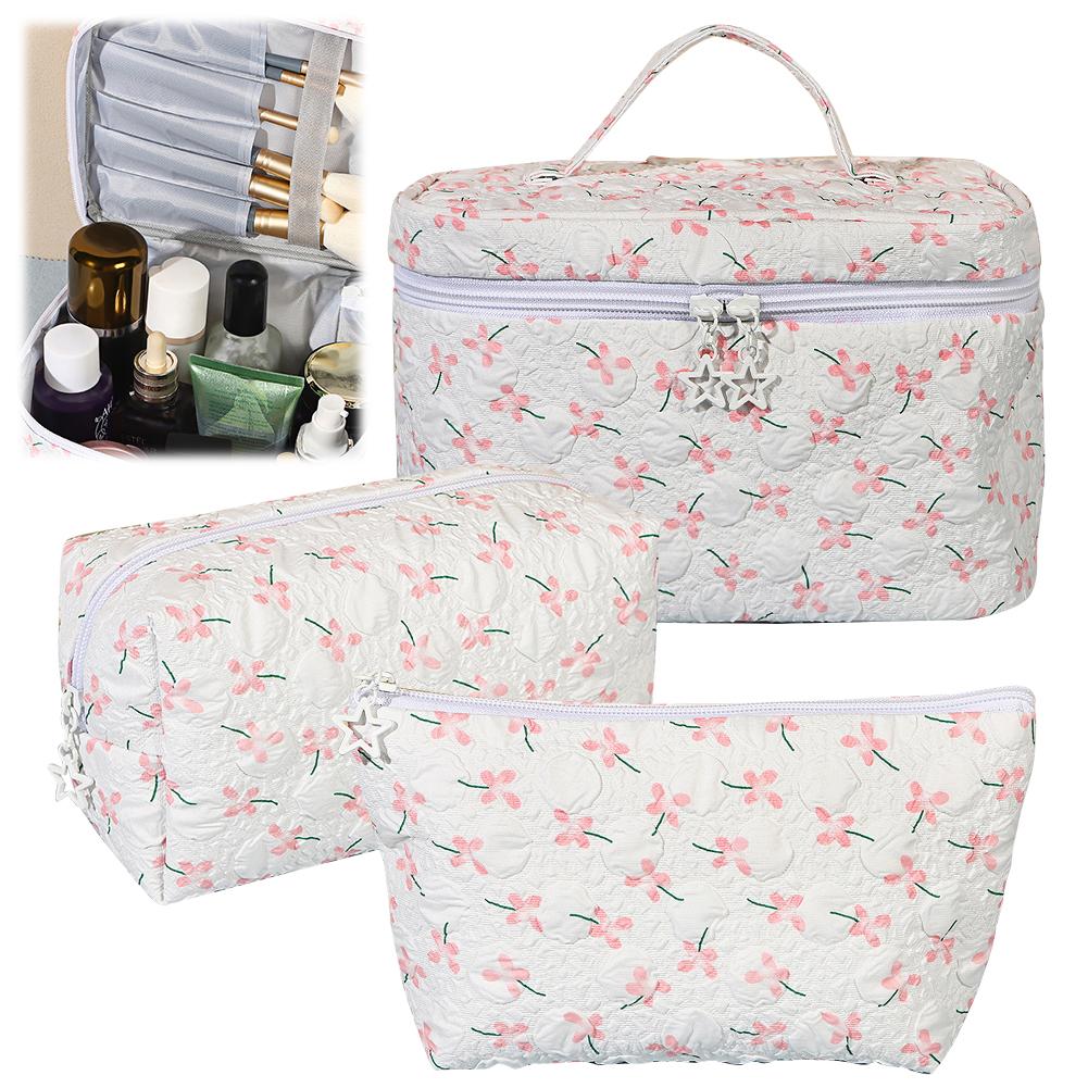 3Pcs Floral Makeup Bag Travel Cosmetic Bag Large Capacity Cosmetic Organizer Bag Aesthetic Cosmetic Holder Bag Soft Toiletry Bag