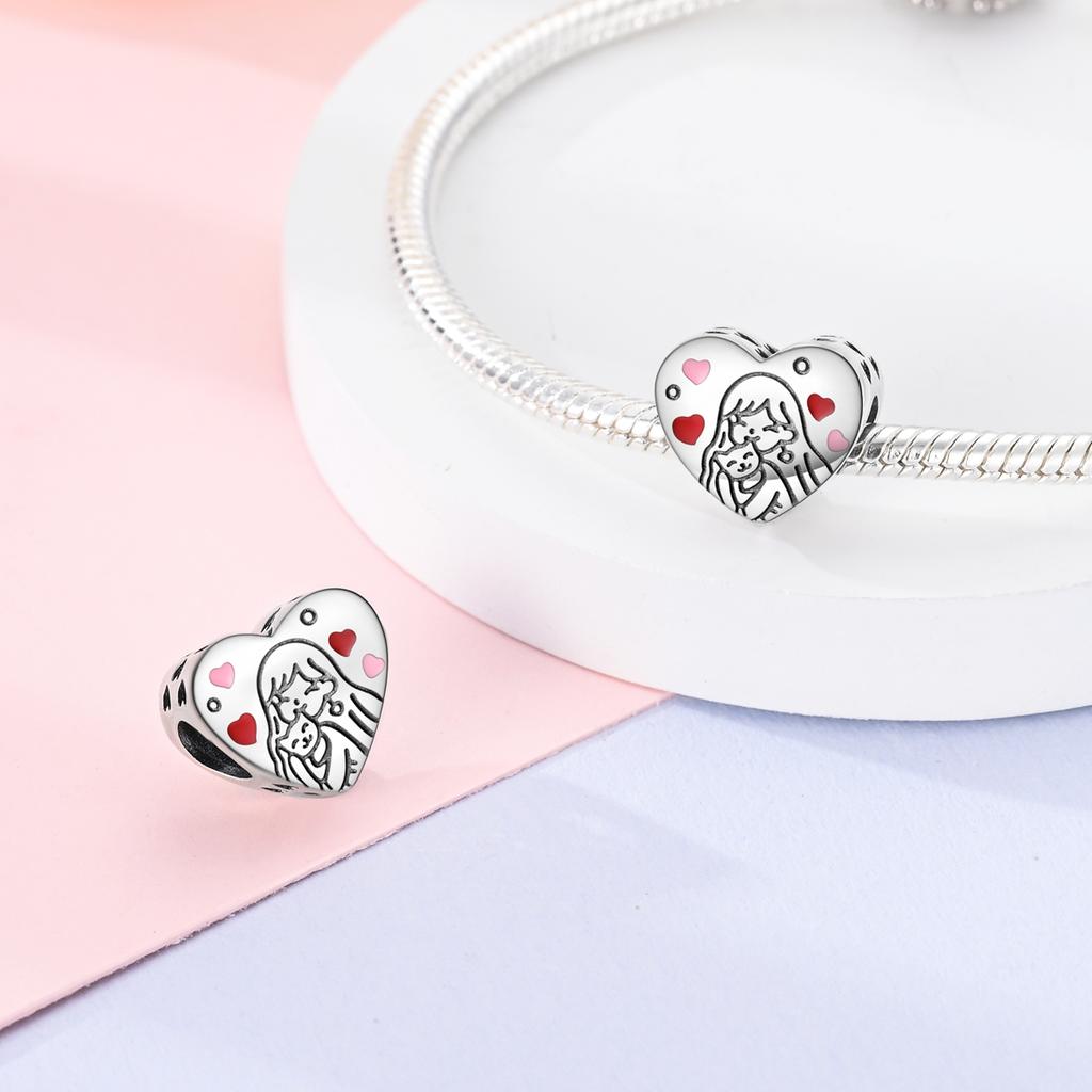 Silver Plated Pink Color Charm Beads Flower Love Heart Dangle fit Original Bangle Bracelet Necklace Pendant Jewelry Women Gift