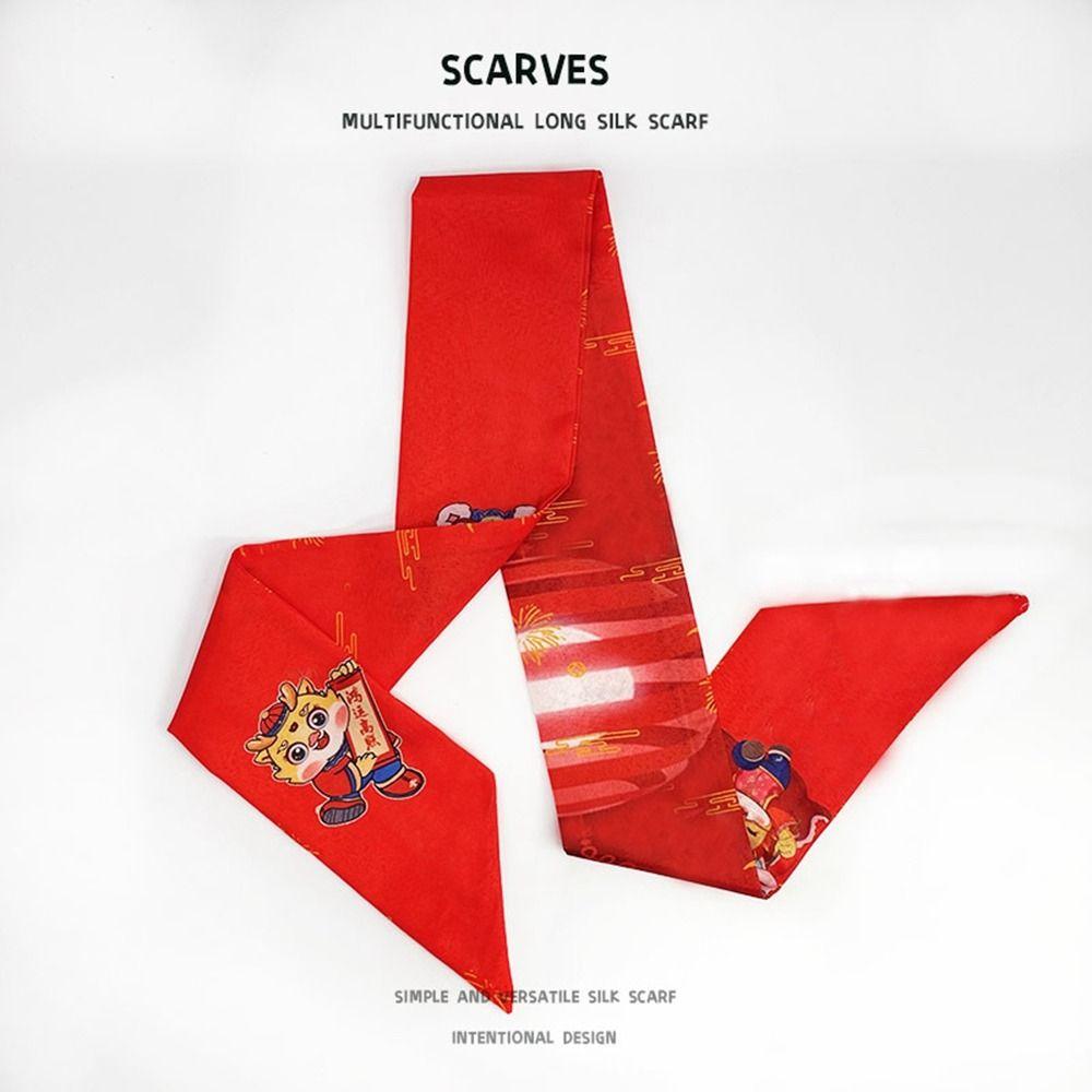 Printed New Year Red Silk Scarf New Year Scarves Scarf Hair Band Long Scarf  New Year Decoration