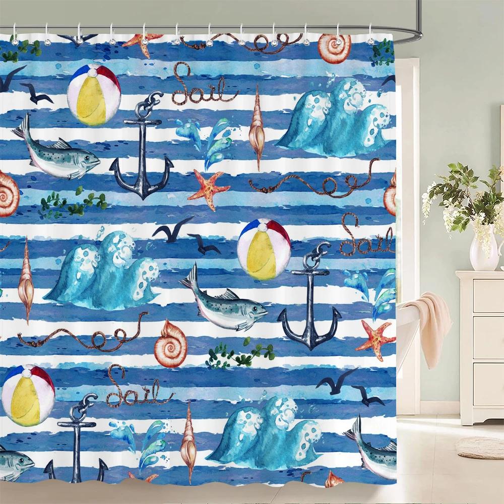 1 Pcs Cartoon Shower Curtain Cartoon Ocean Fish Style Printed Polyster Cloth Home Decoration Bathroom Curtain with Hooks