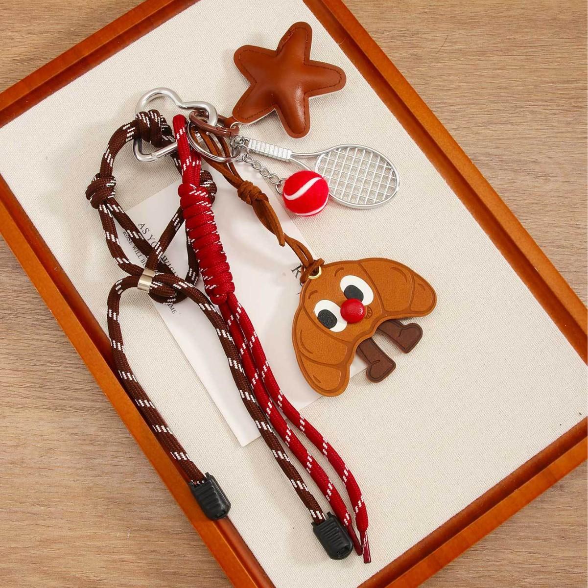 Домашний Креативный Кожаный Большие Глаза Круассан Подвеска Теннис Красный Нос Тост Хлеб Брелок Сумка коричневый