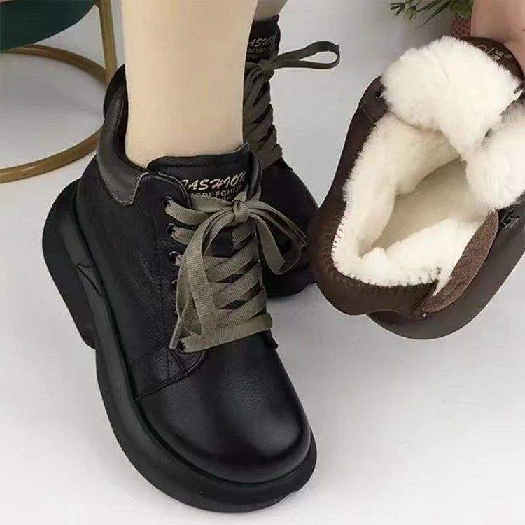 Snow boots soft leather fashion thick-soled soft-soled Martin boots women's 2025 winter lace-up piled thickened snow boots cotton boots