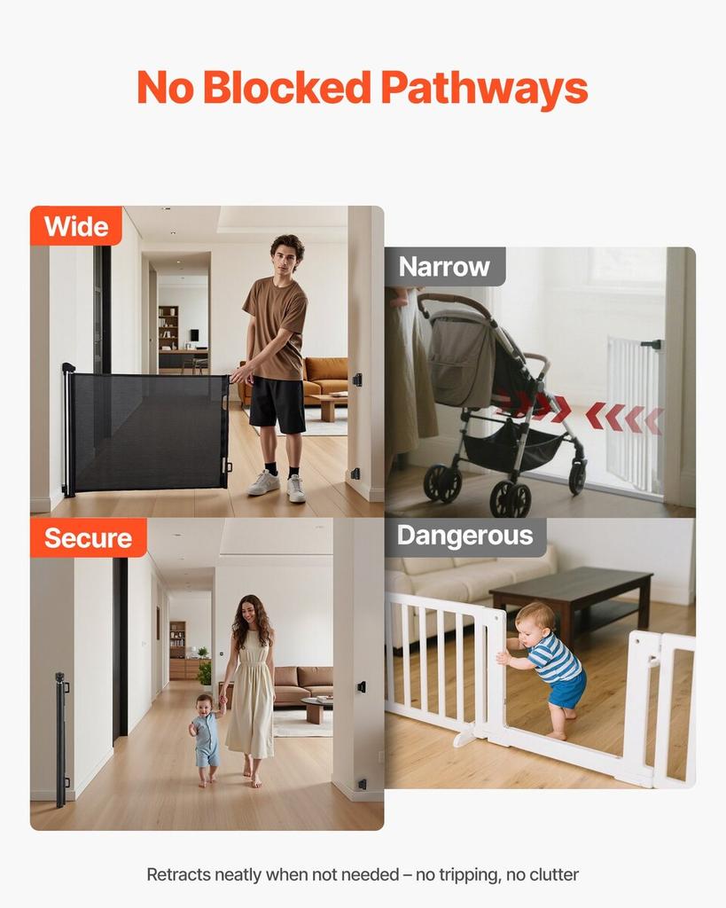 Retractable Baby Gate, Extends To 1430 Mm Wide, 795 Mm Tall, with Security Lock, Easy To Use, Walk Through Without Tripping, Mesh Dog Gate for Stairs,