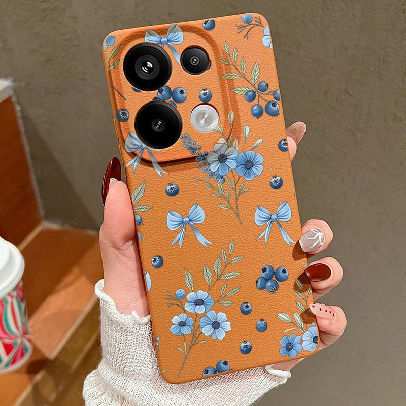 Blaubeere Schleifen Blumenmuster Hülle Für Xiaomi 14T 13T 11T Pro Funda Redmi Note 14 13 12 11 Pro 5G 4G Lederstruktur Silikonhülle