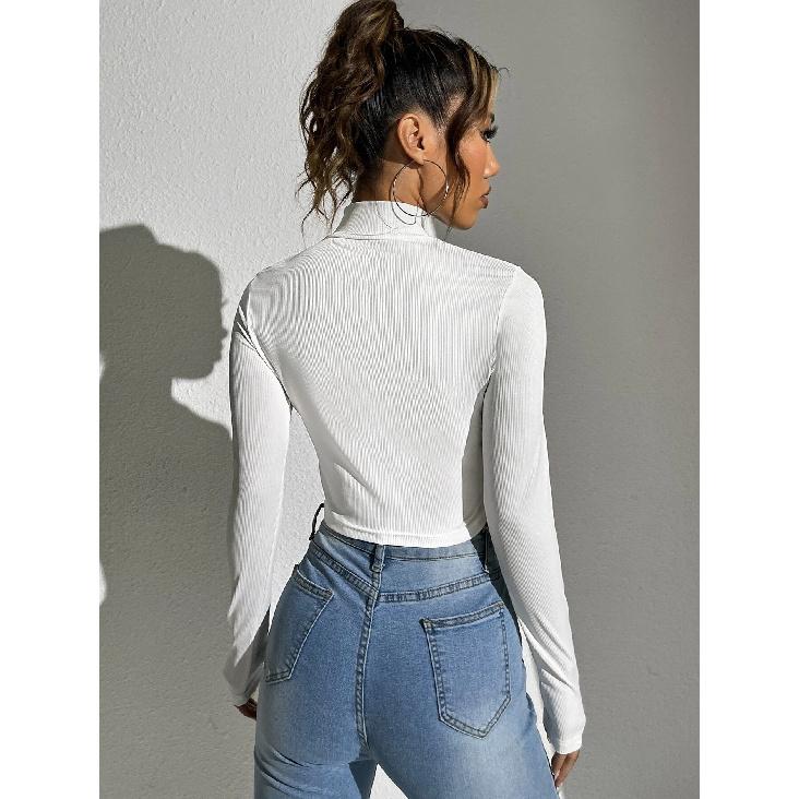 Autumn And Winter New Slim Fit Short Knitted Long Sleeved T-Shirt Stand Up Collar Spicy Women'S Top
