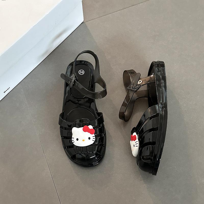 Casual cartoon Hello Kitty jelly crystal flats ladies summer retro cute KT cat versatile hollow sandals
