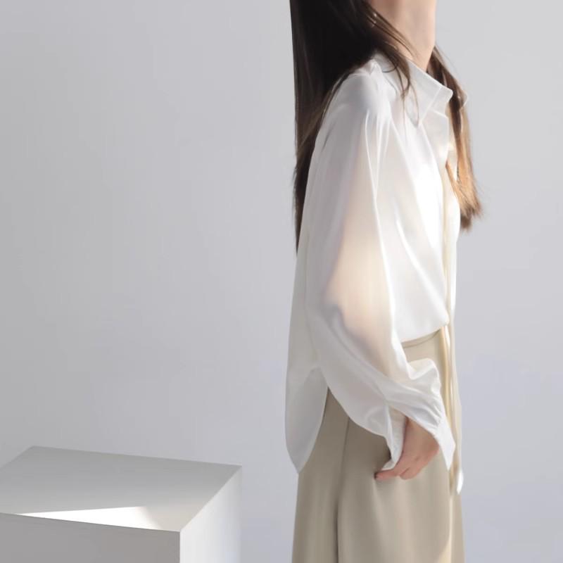 2025 Women's Stylish Satin Long-Sleeve Commuter Shirt - Slim Fit for Spring & Autumn