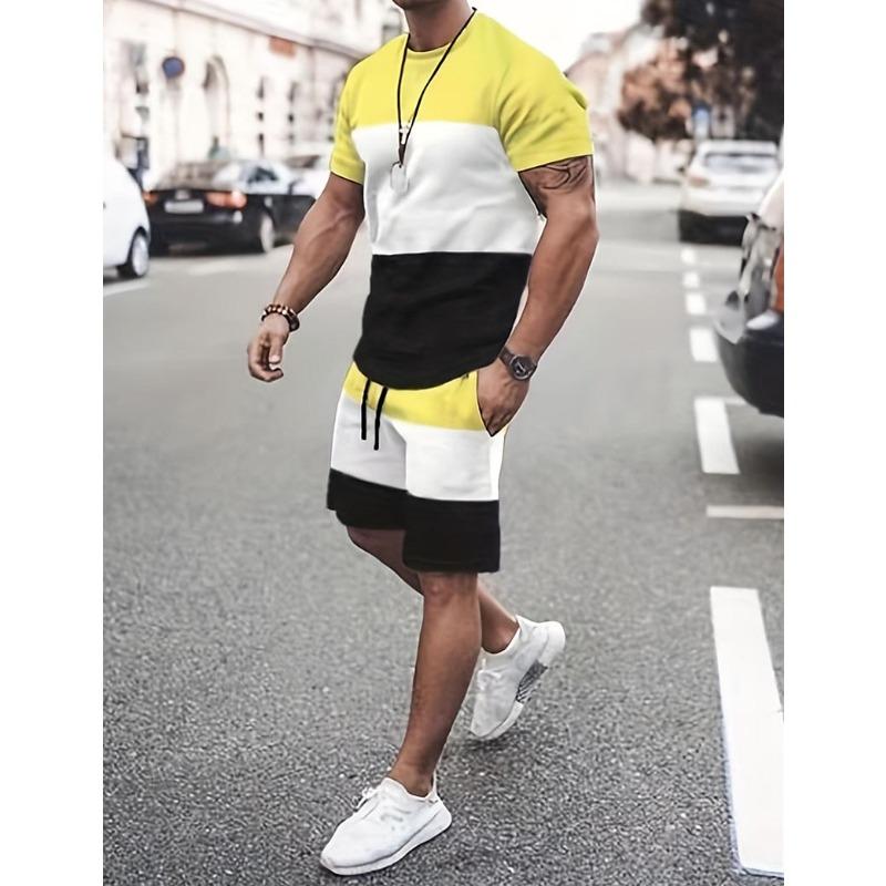 Men's 3D Color Block Print T Shirt Shorts Set Fashion Men Women T-shirts Two-Piece Outdoor Street Casual Sport Tracksuit