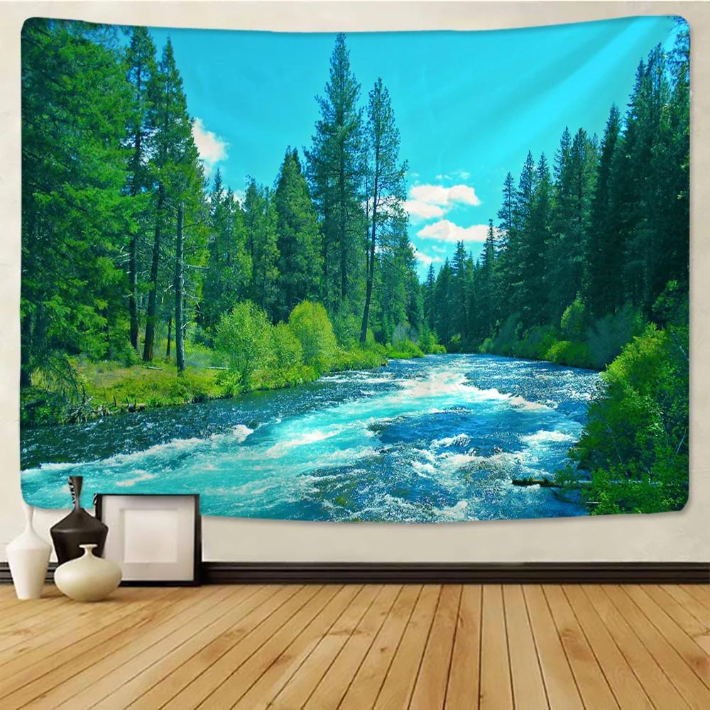 Forest River Wall Tapestry - Nature Landscape HD Print, Calming Waterfall Scene for Bedroom & Living Room Decor