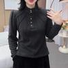Autumn-Winter Plus Size Women's Long Sleeve Tummy Covering Top with Button Patchwork - Half-High Collar for Middle-Aged and Elderly.