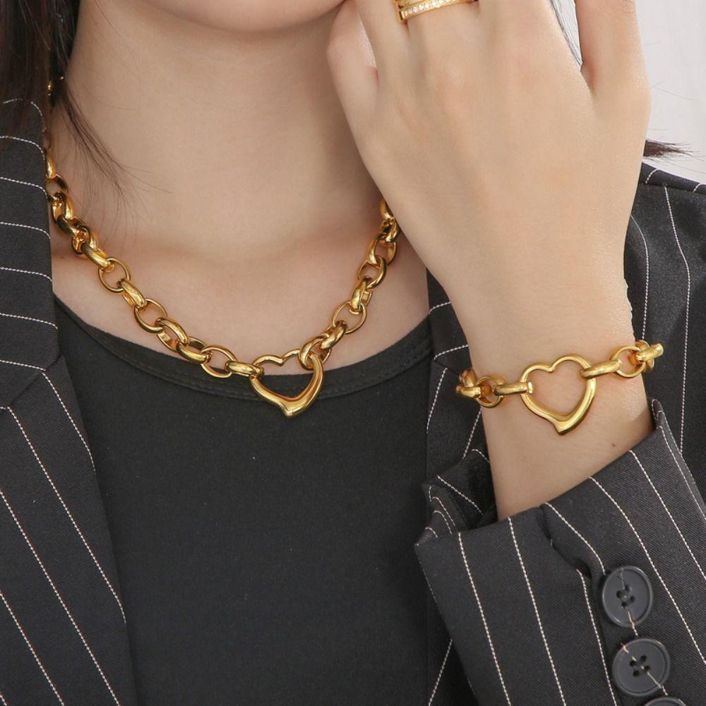 Stainless Steel Heart Necklace Polished Metal Bracelet Bangle Chain Bangle Anniversary Gift