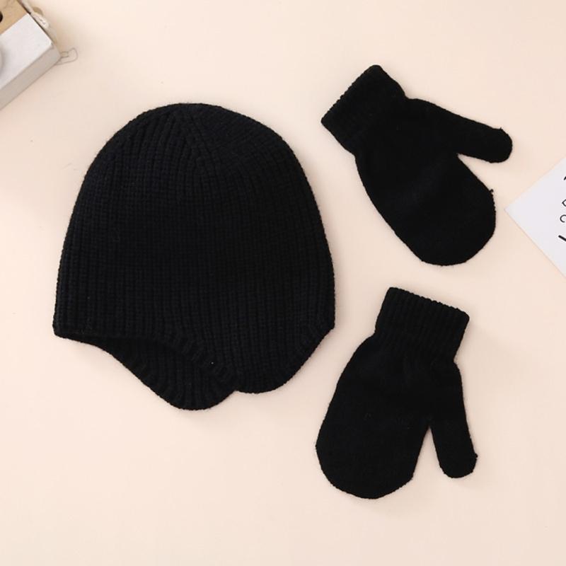 Solid Color Newborn Beanie Hat Mitten Set Warm Knitted Cap Hospital Hat for Toddler Girls Boys Ears Protections Hat