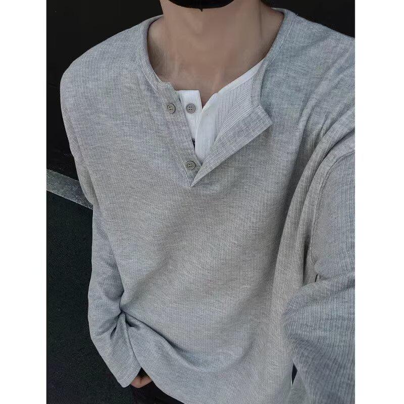 Men's Autumn Korean Style Slim-Fit Henley Long-Sleeve T-Shirt