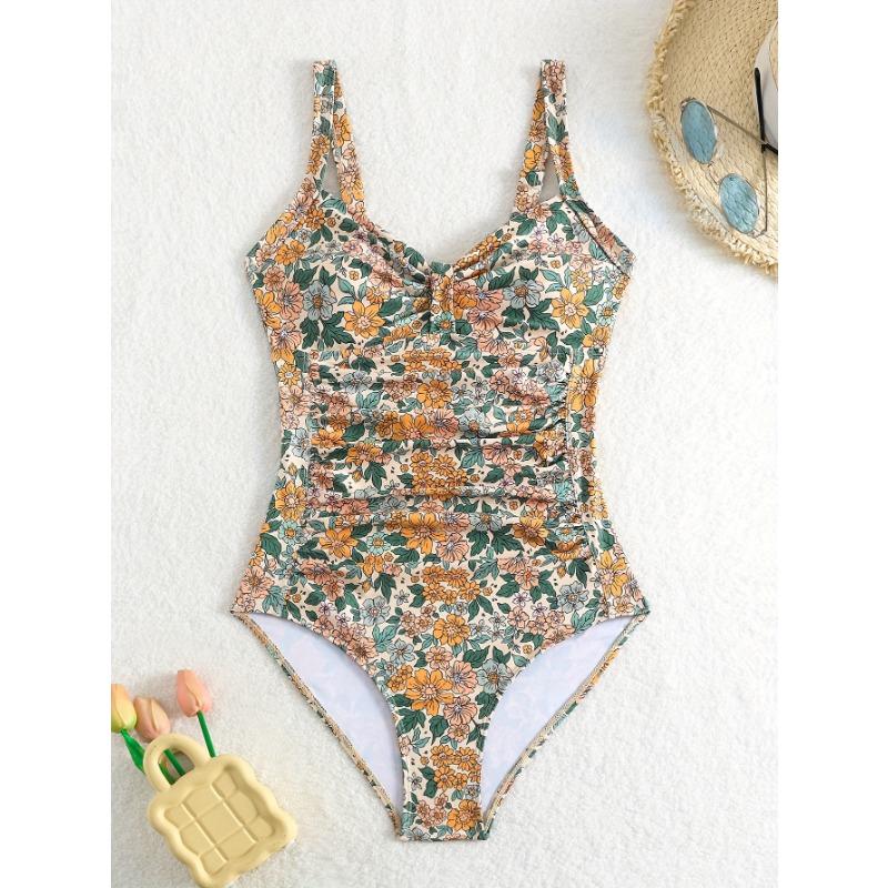 Traje de baño de una pieza con estampado floral vintage, cuello en V, control de abdomen, corte alto