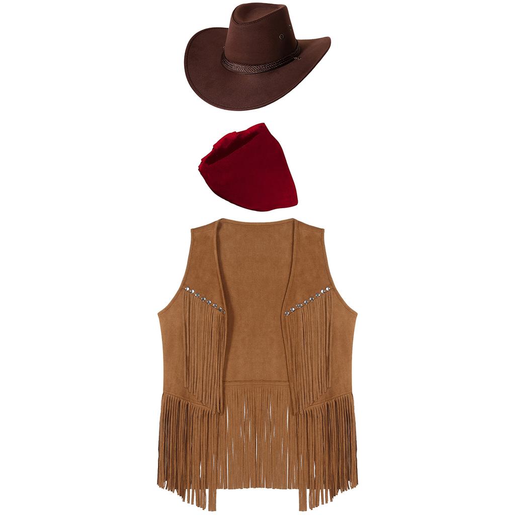Mens Western Cowboy Costume Faux Suede Tassel Vest with Rivets Design Vintage Bandanna Hat 3 Piece Set