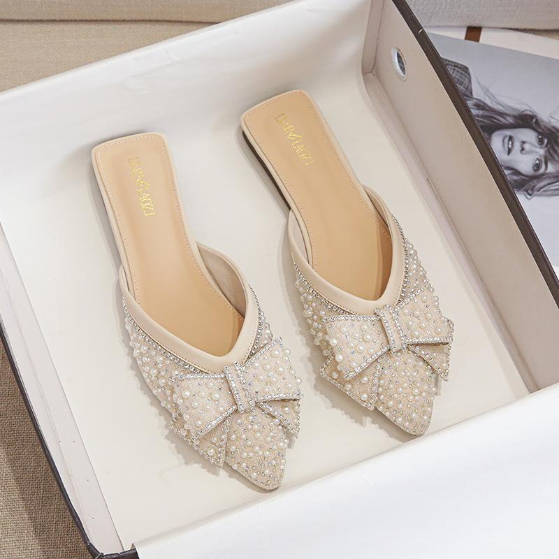 Îmbrăcăminte de vară de lux pentru femei 2024 Papuci casual noi cu talpă plată Diamant de apă Om leneș Baotou Mărime mare Papuci cool 43