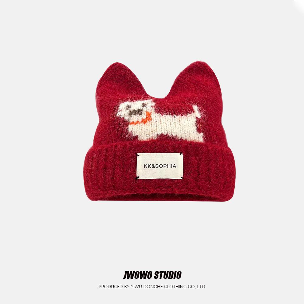 Cute Animal Wool Beanie With No Brim For Autumn And Winter Casual Wear красный