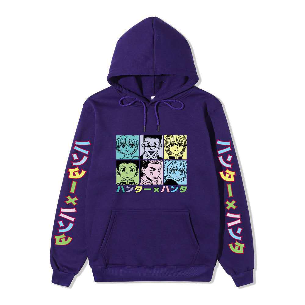 Hunter X Hunter Six Characters Grid Hoodie Color Japanese Sleeve Print Anime Casual Hooded Sweatshirt Pullover