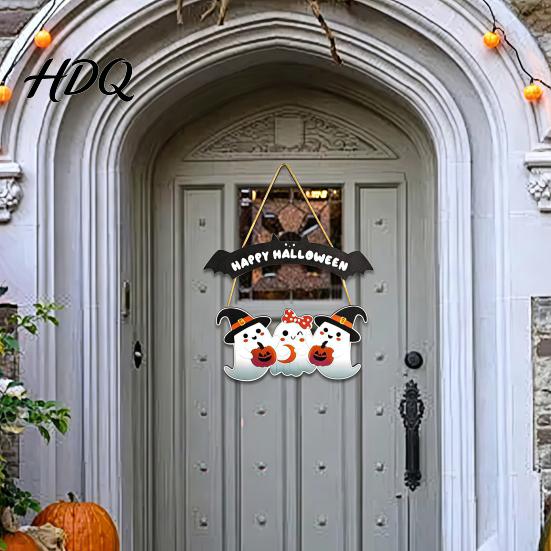 Festival Hanging Sign Happy Halloween Ghost Door Sign, Wooden Three Entrance Plaque Hanger, Front Wall Party Supplies Boxwood Pendant