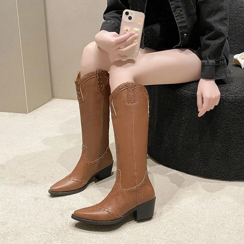 Fashion Female Shoes on Sale 2024 High Quality Sleeve Women Boots Winter Pointed Toe Solid High Tube Low Heels Large Size Fashion Boots