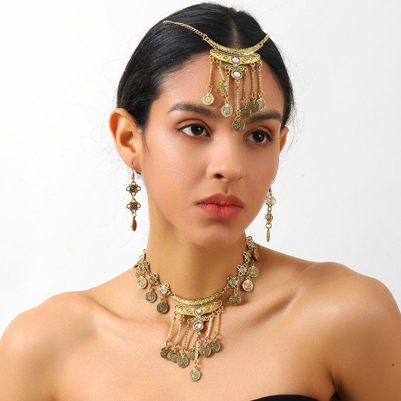 Tassel Pendant Necklace Earrings Hair Chain Set Forehead Chain Brow Center Pendant