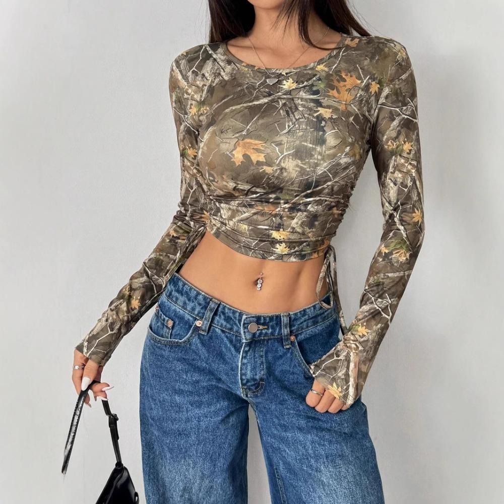 Frühlings Damen Mesh Baumzweig Print Seitlicher Kordelzug Slim Kurzarm T-Shirt
